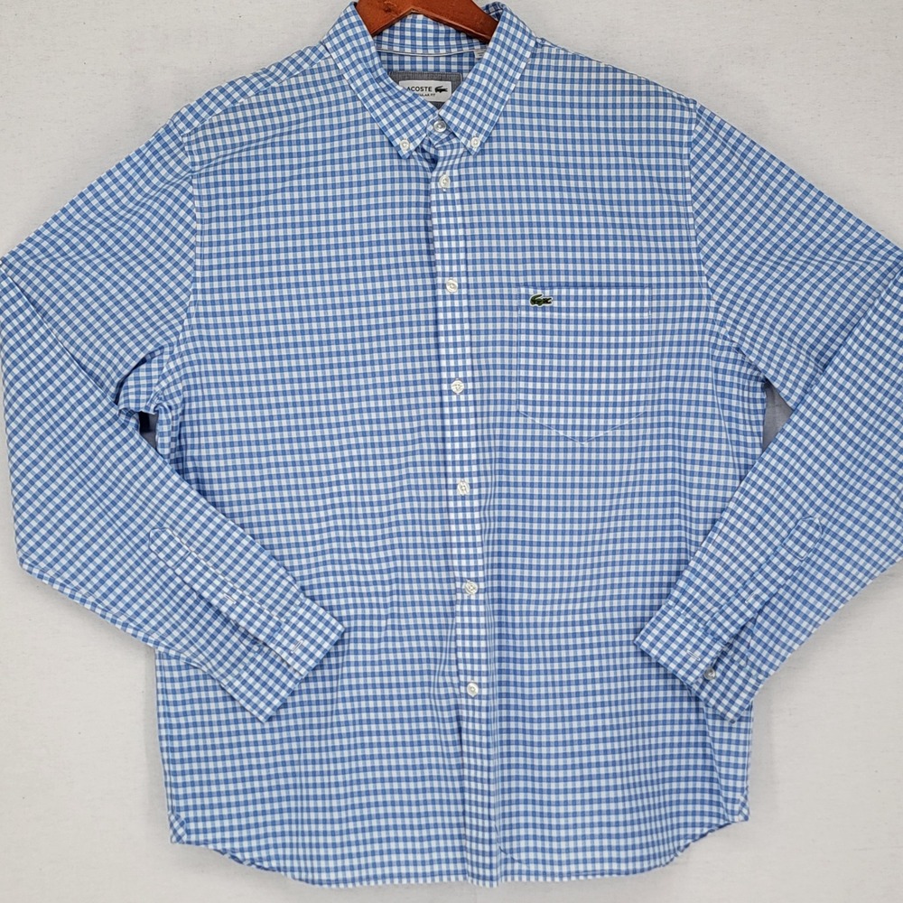 Lacoste Regular Fit Gingham Button Down Shirt Blue White XL FR 44 Long Sleeve